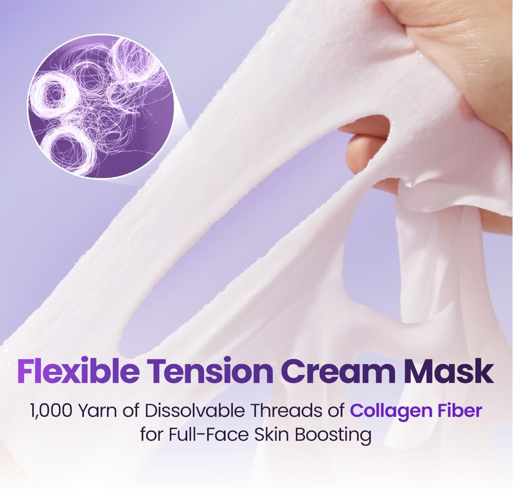 Flexible tension cream mask with collagen fiber detail on a purple background, BOH Probioderm 3D Lifting Cream Mask