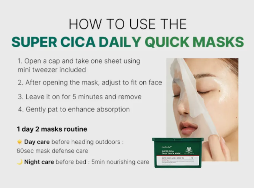 Instructions on how to use super CICA daily quick masks with a product image and text, Medicube Super Cica Daily Quick Mask 30sheets 350g