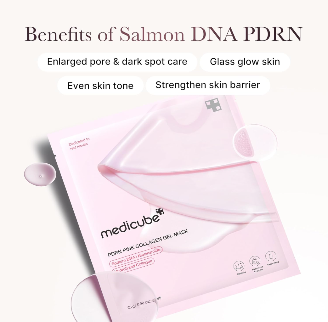 Medicube PDRN Pink Collagen Gel Mask packaging with text about benefits on a white background, Medicube PDRN Pink Collagen Gel Mask 4pcs