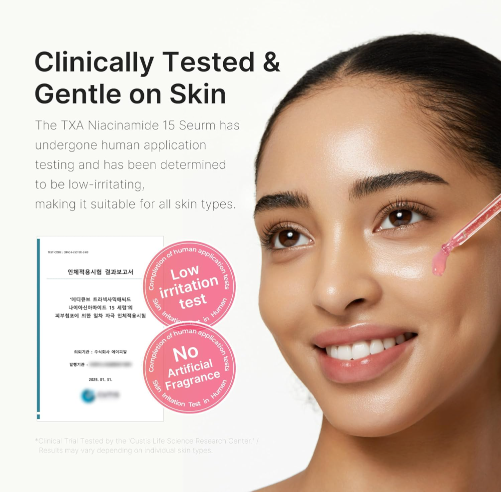 Woman applying serum to her face with text about clinical testing and skin compatibility, Medicube TXA Niacinamide 15% Glow Serum 30ml