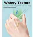 A hand applies a clear, watery serum from a glass dropper onto the back of another hand, with text describing the light, buildable texture of the Toco Calming Serum against a light blue background. TOCOBO Cica Calming Serum 50ml