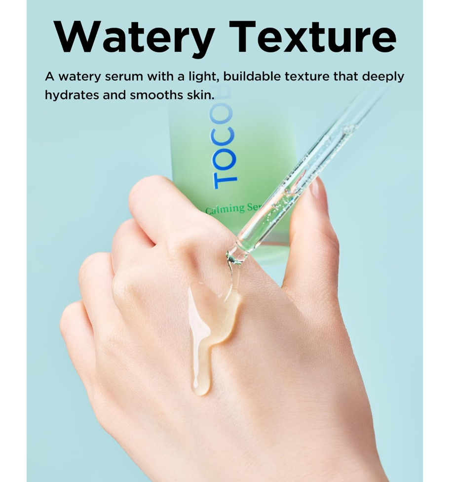 A hand applies a clear, watery serum from a glass dropper onto the back of another hand, with text describing the light, buildable texture of the Toco Calming Serum against a light blue background. TOCOBO Cica Calming Serum 50ml