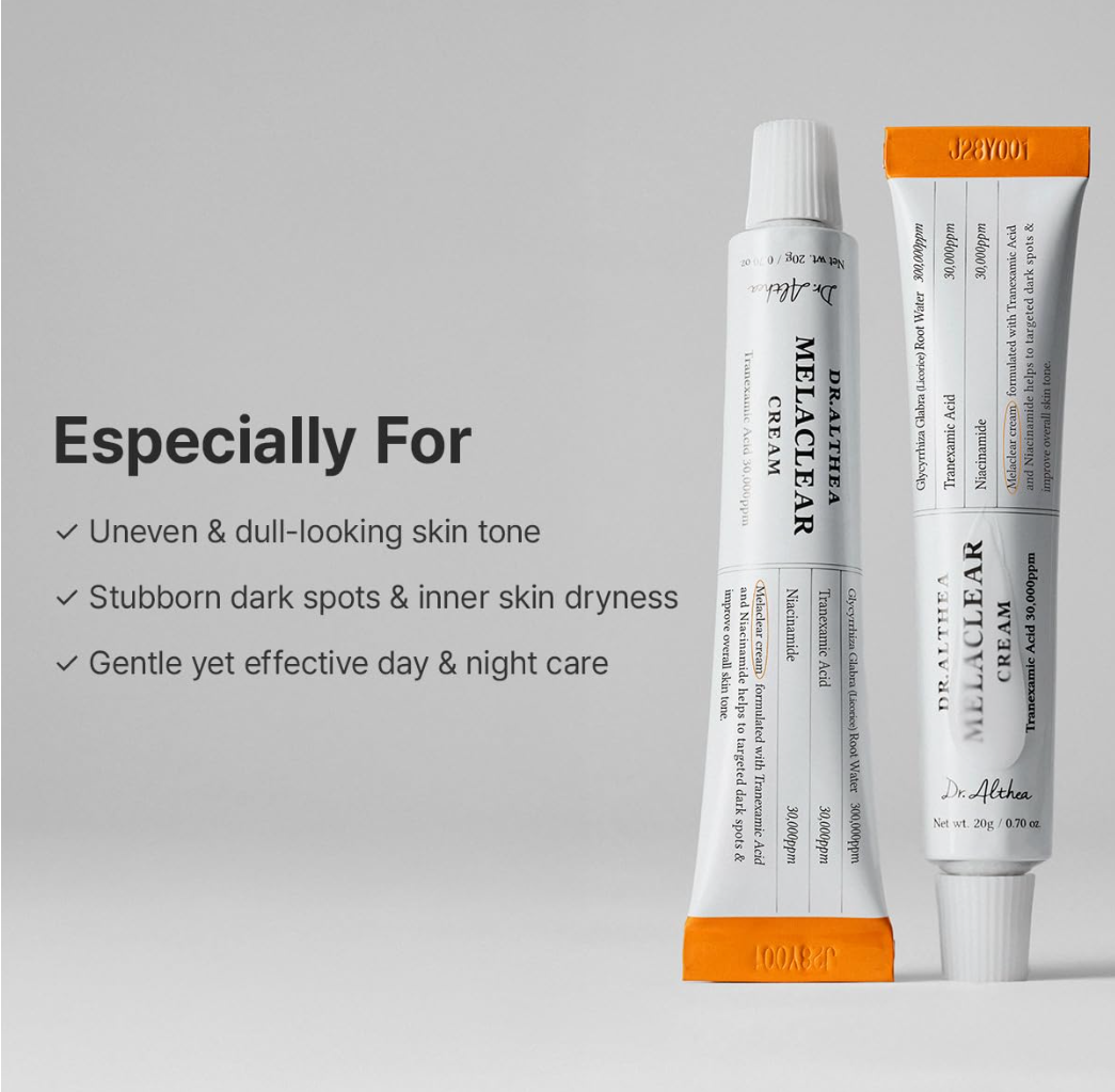 Two tubes of Dr. Alfken Metaclear Cream on a gray background with text about skin care benefits, Dr.Althea Melaclear Cream 20g