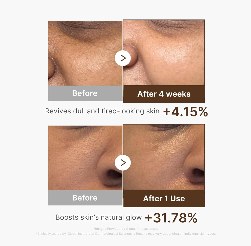 Before-and-after skin comparison graphic showing two close-up facial skin panels labeled 'Before' and 'After 4 weeks' plus 'Before' and 'After 1 Use', with text claiming revivification of dull and tired-looking skin and boost of natural glow, Medicube Deep Vita C Capsule Serum 30ml