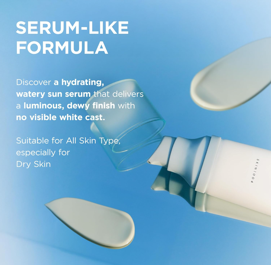 Cosmetic bottle with serum-like formula on a blue background, SKIN1004 Centella Hyalu-Cica Water-Fit Sun Serum UV SPF 50 50ml