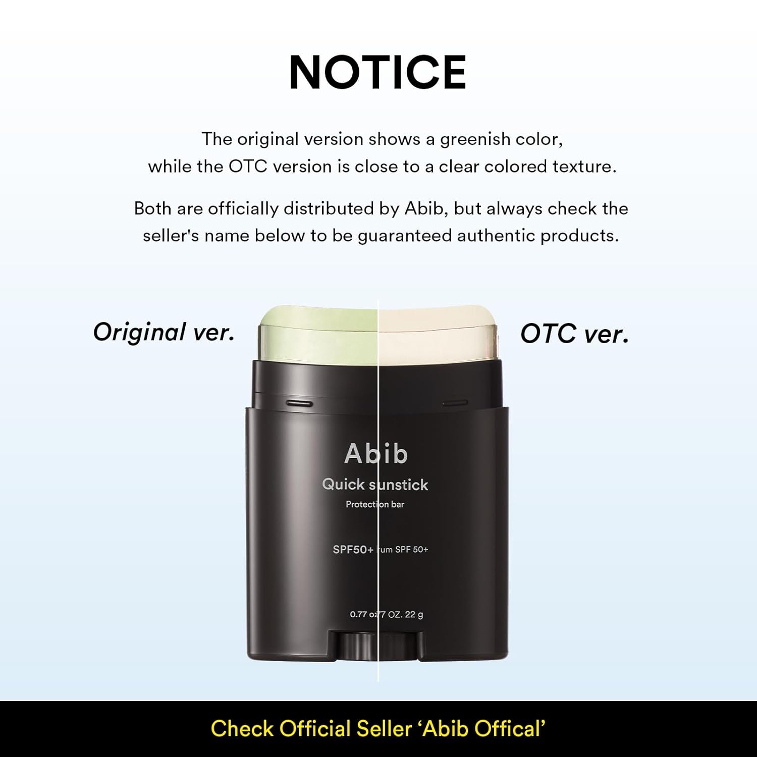Comparison of 'Original ver.' and 'OTC ver.' Abib quick sunstick with text on a light blue background.