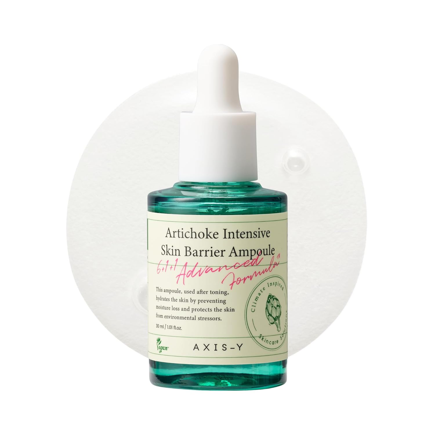 Axis-Y Artichoke Intensive Skin Barrier Ampoule bottle with dropper on a white background, AXIS-Y Artichoke Intensive Skin Barrier Ampoule 30ml