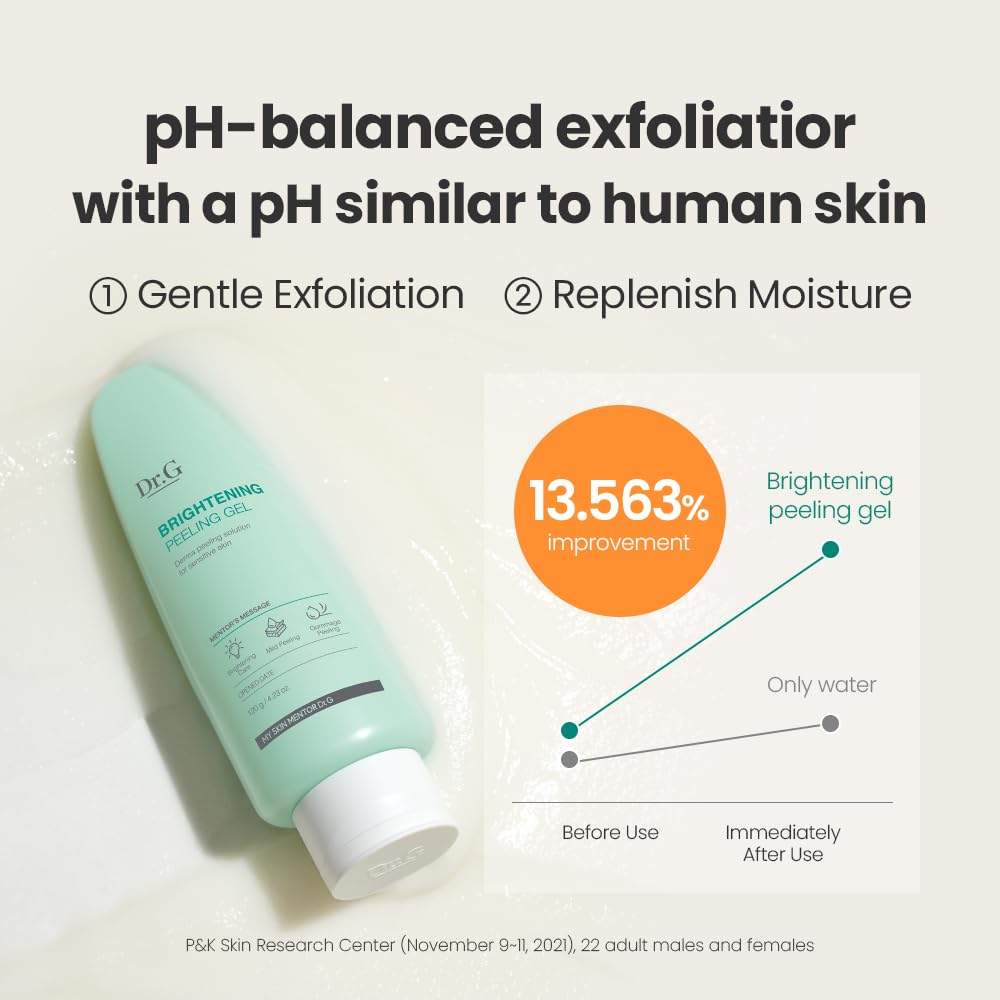 Dr.G Brightening Peeling Gel with pH-balanced exfoliation claims on a light background, Dr.G Brightening Peeling Gel -120ml