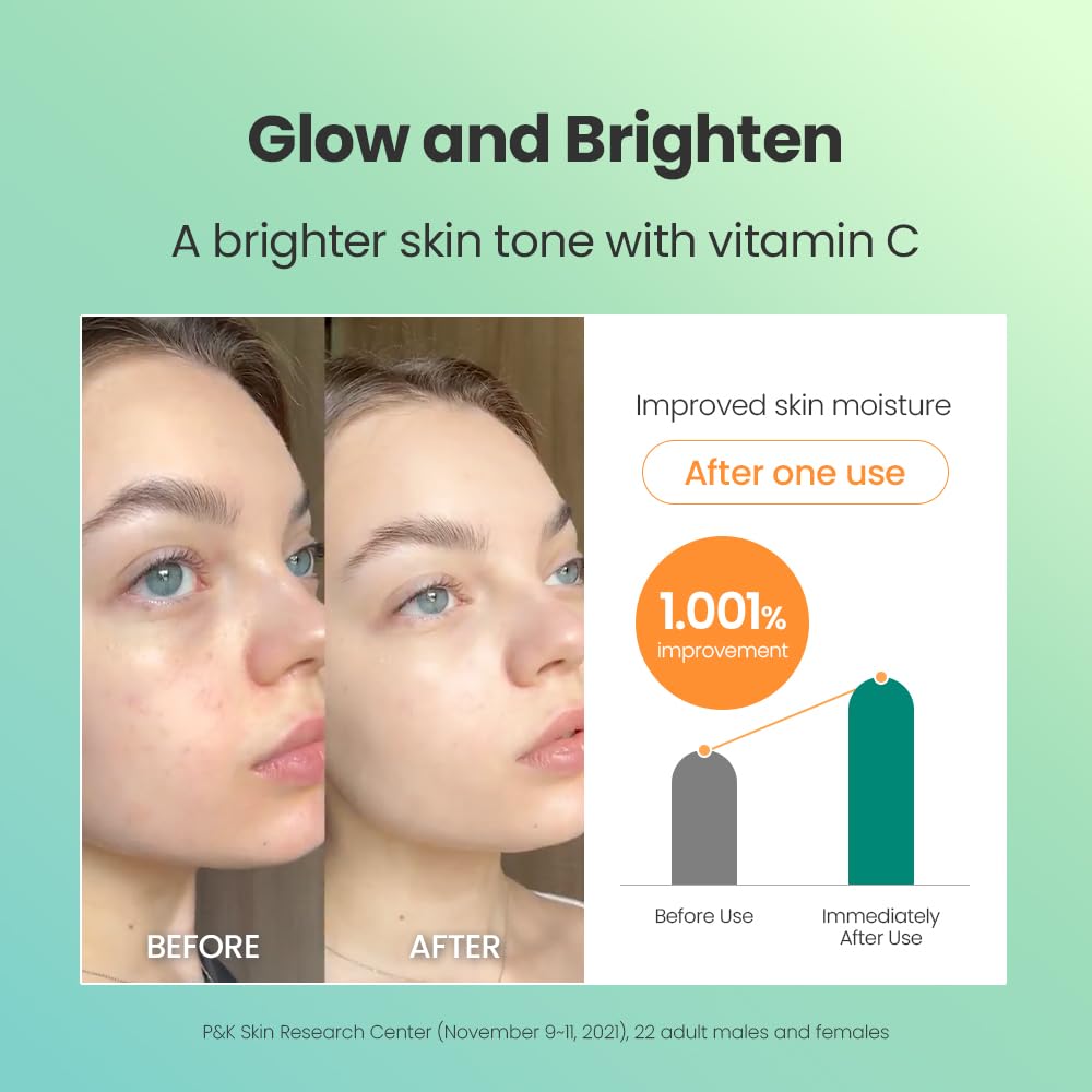 Before and after comparison of skin with vitamin C treatment on a green background, Dr.G Brightening Peeling Gel -120ml