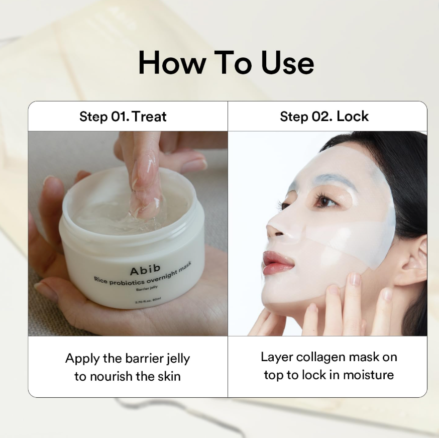Instructions on how to use a skincare product with a jar labeled 'Abib' and a person applying a collagen mask, Abib Collagen Gel Mask Jericho Rose Jelly 4ea