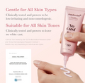 Medicube No Cast sunscreen tube being applied to skin with text about its suitability for all skin types, Medicube Collagen No Cast Just Glow Sunscreen spf50 50ml