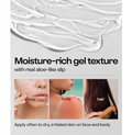 Advertisement for a moisture-rich gel texture with aloe-like slip, showing its use on face, body, and hair, Holika Holika Aloe 99% Soothing Gel 250ml