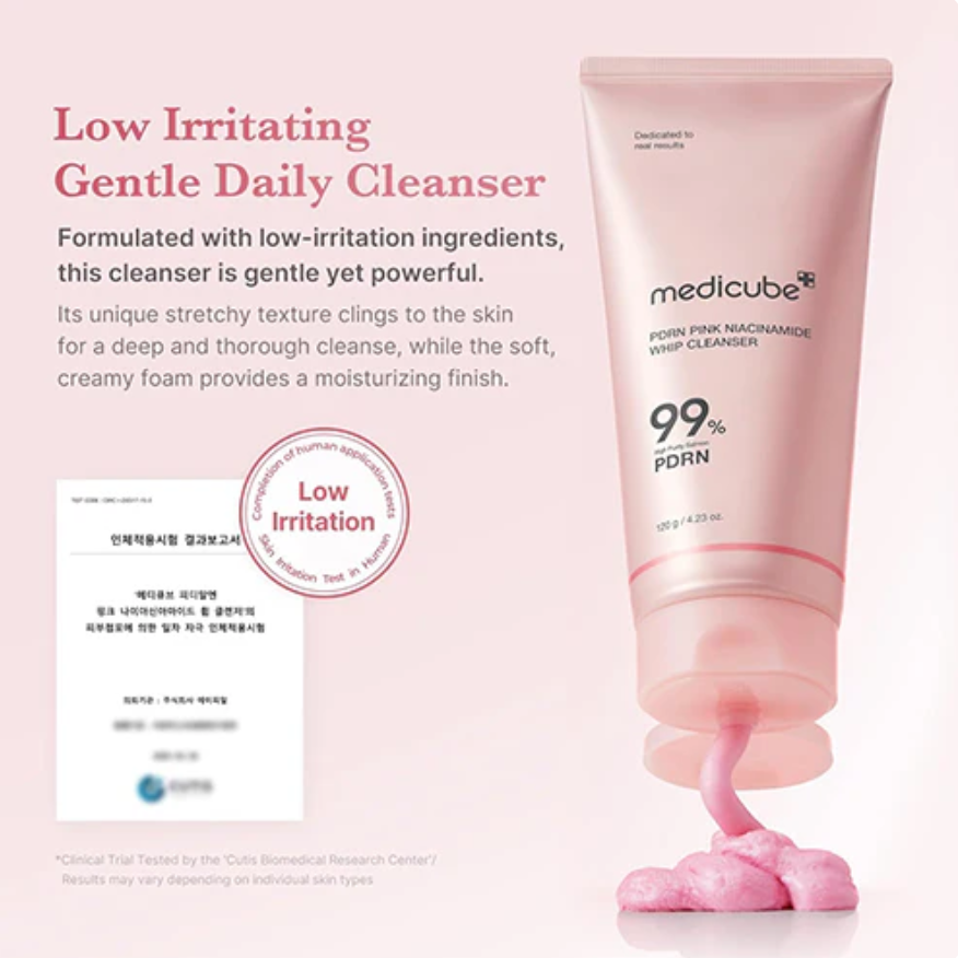 Pink cleanser tube with text on a pink background, Medicube PDRN Pink Niacinamide Whip Cleanser 120g