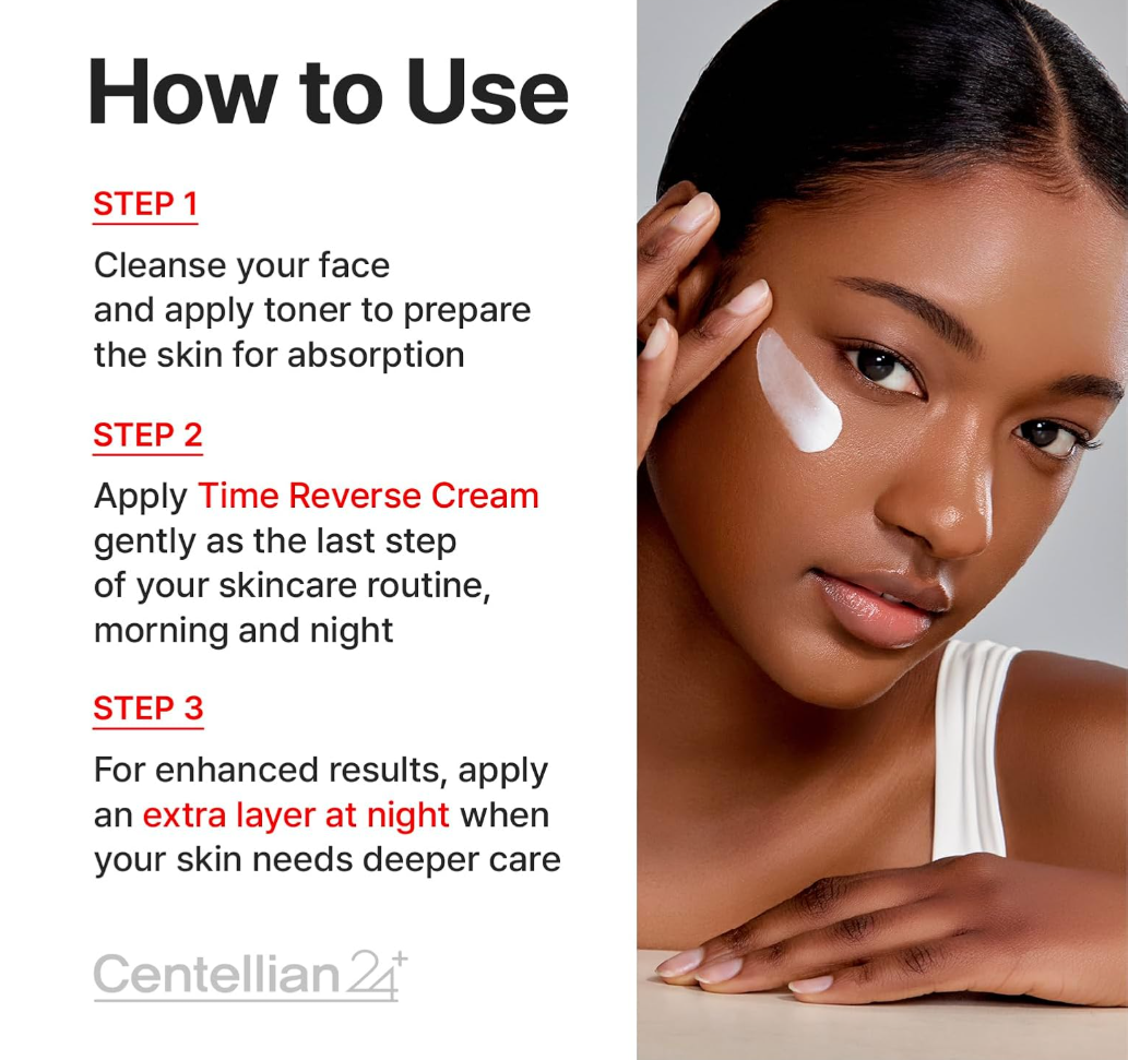 Skincare product usage guide with a woman applying cream and Centellian2 branding, Centellan24 The Madeca Cream 50ml