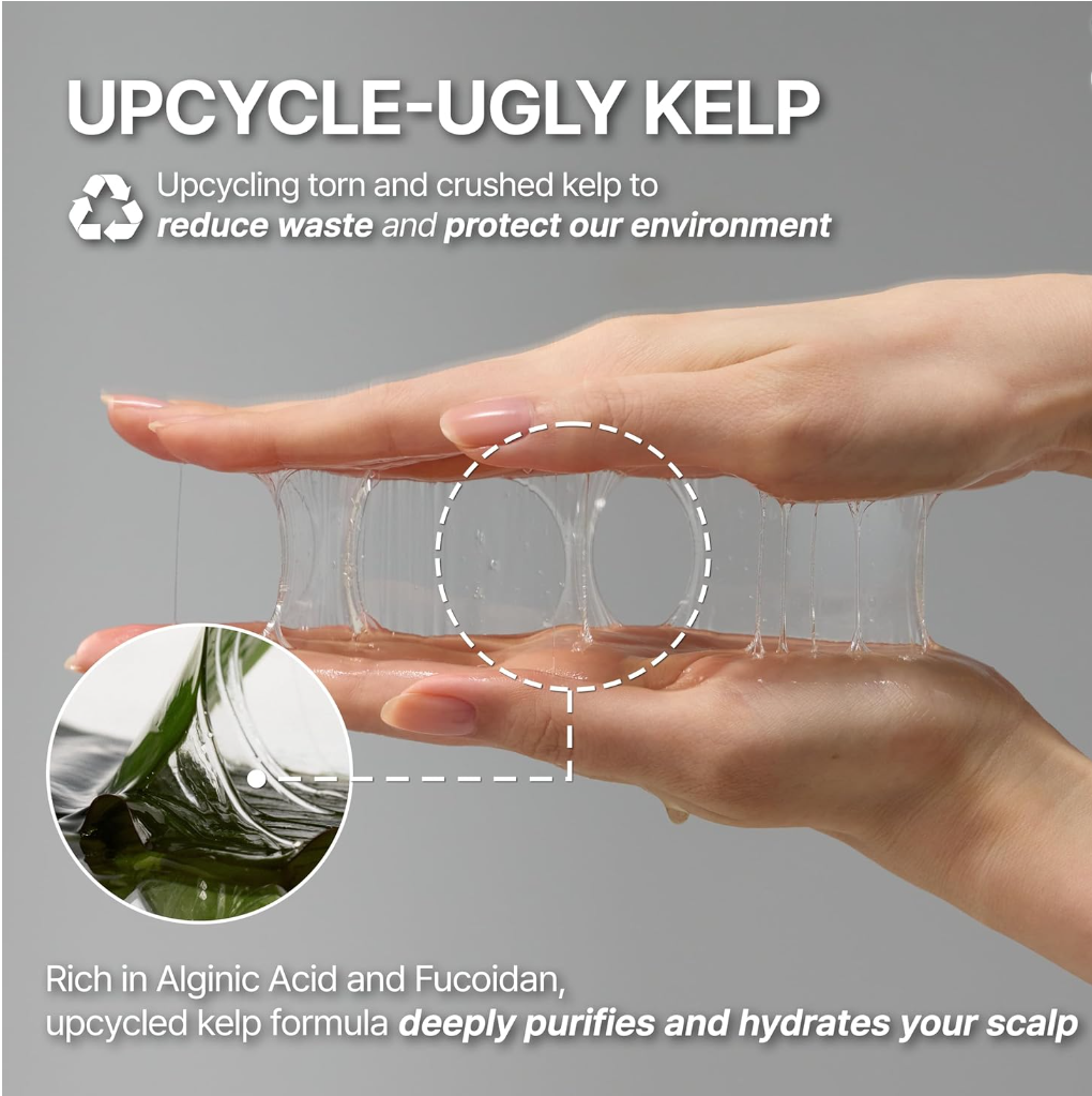 Upcycling ugly kelp to reduce waste and protect the environment with a close-up of hands holding clear gel, Growus Algae Therapy Mineral Shampoo 500g