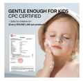 Child applying sunscreen with CPC certification text and test report on a light blue background, Round Lab Birch Juice Moisturizing UV Lock Sunscreen SPF45++++ 50ml
