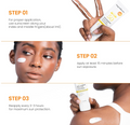 Instructions for applying sunscreen with a close-up of a woman's face and hands, ONGREDIENTS Skin Barrier Moisture Sunscreen Broad Spectrum SPF 50 50ml