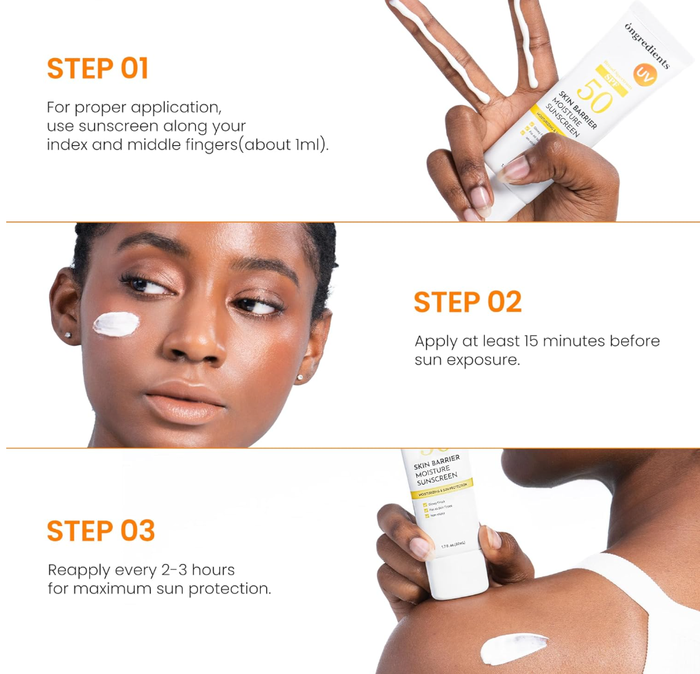 Instructions for applying sunscreen with a close-up of a woman's face and hands, ONGREDIENTS Skin Barrier Moisture Sunscreen Broad Spectrum SPF 50 50ml