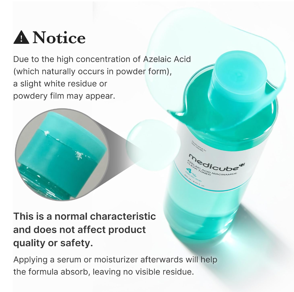 A bottle of medicube+ Azelaic Acid 2% Treatment Programme liquid with a translucent teal cap and matching teal liquid inside, shown on a white background with explanatory text and a circular inset zooming into the cap area, Medicube Azelaic Acid Niacinamide Clarifying Toner 250ml