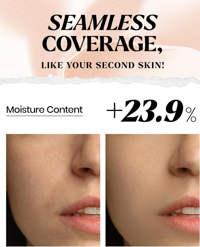 Advertisement for skincare product with text 'Seamless Coverage, Like Your Second Skin!' and moisture content +23.9%, Lindsay Vitamin Modeling Mask Cup Pack 28g