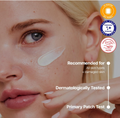 Close-up of a woman's face with skincare product, indicating recommended use for all skin types and damaged skin, CellFusionC Laser Sunscreen 50ml