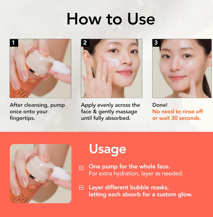 Instructions on how to use a skincare product with step-by-step images and text, MENOKIN 30 Seconds Quick Bubble Mask CLEAR Cicasome 95ml
