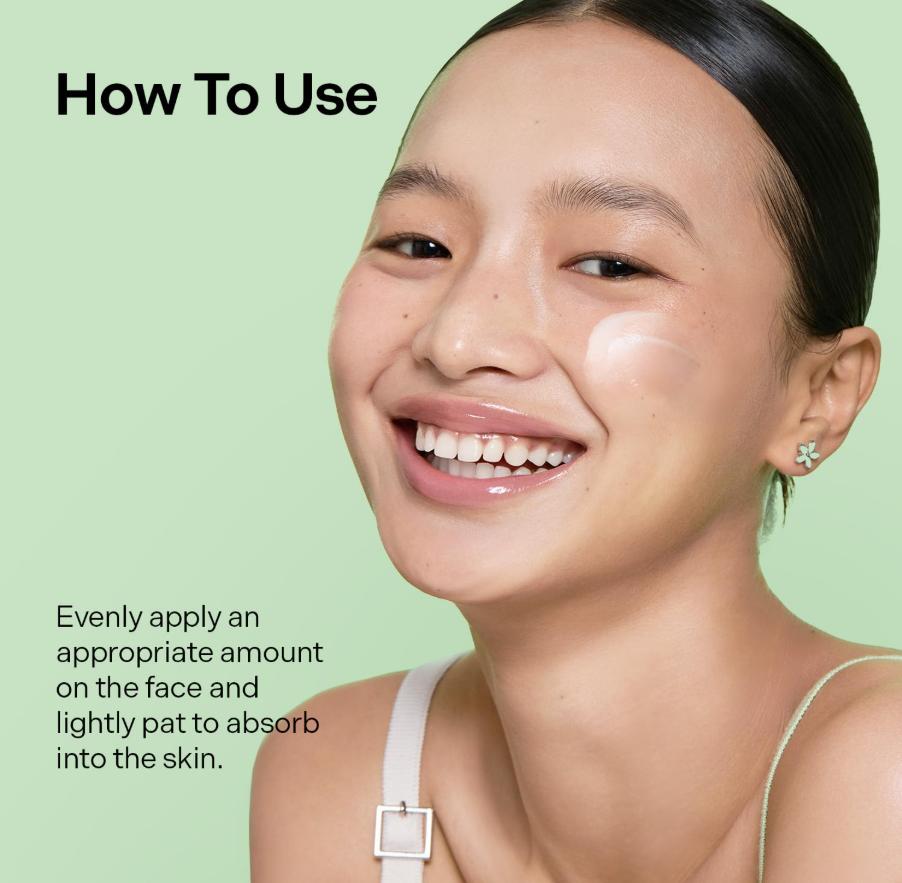 Woman applying skincare product with text on a green background