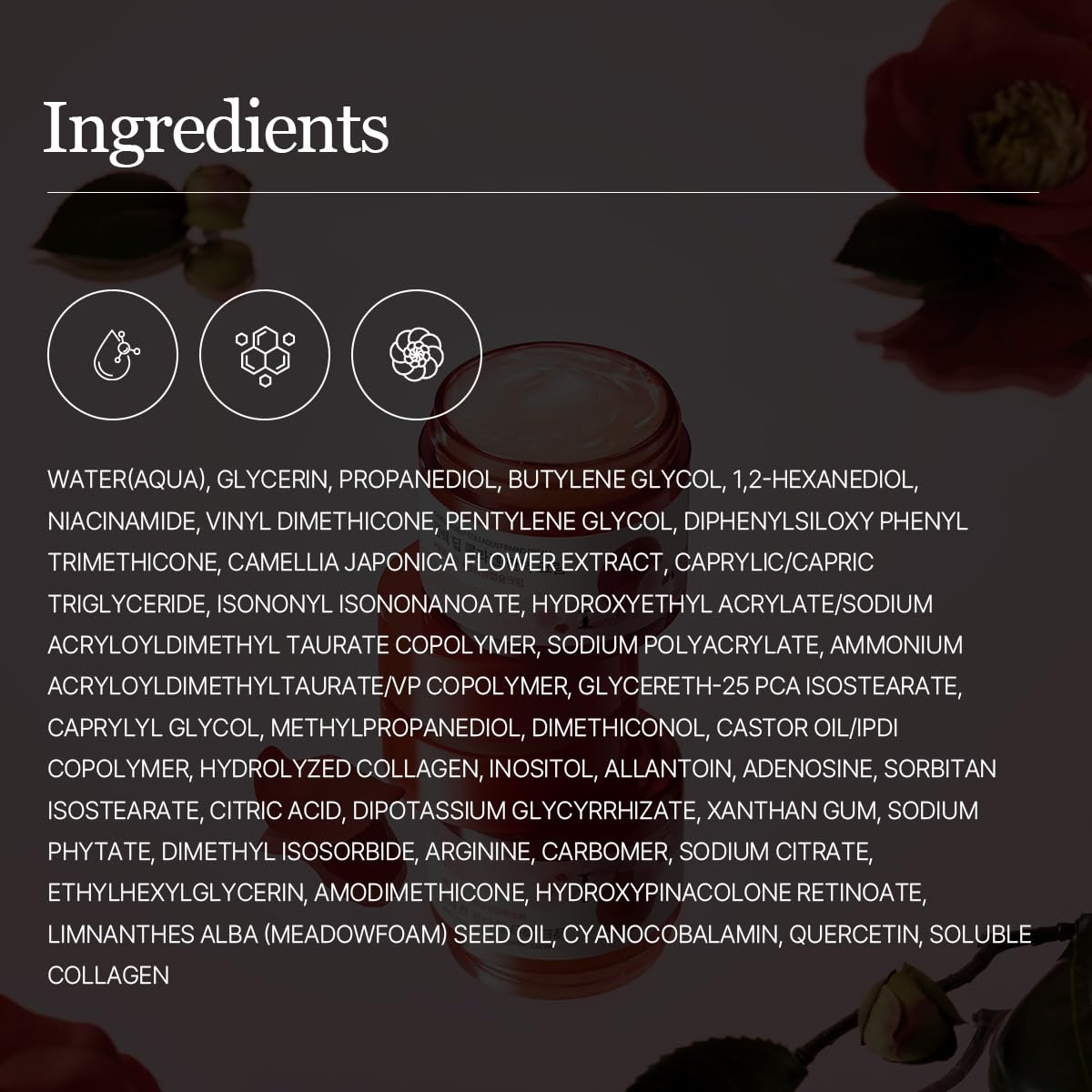 List of ingredients with icons on a dark background, Round Lab Camellia Deep Collagen Firming Cream 50ml