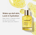 Medicube Deep Vitamin C Capsule Serum in a clear dropper bottle filled with golden-yellow serum, shown on a white background with decorative yellow serum droplets and marketing text, Medicube Deep Vita C Capsule Serum 30ml