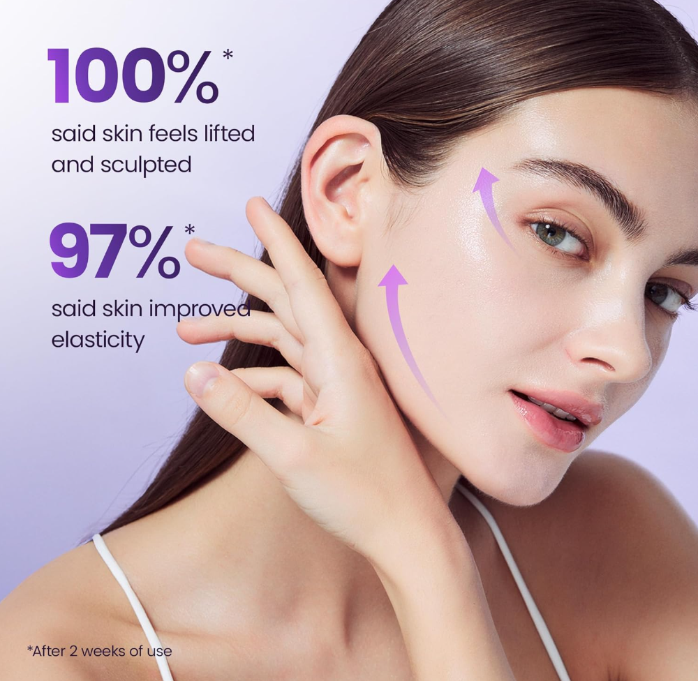 Woman touching her face with text about skin improvement on a purple background, BOH Probioderm 3D Lifting Cream Mask