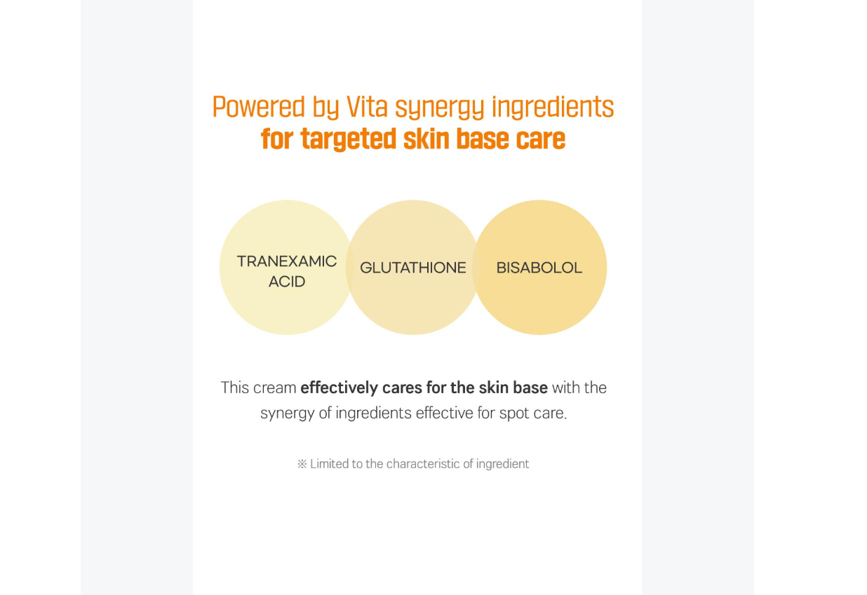 Product packaging with Vita synergy ingredients for targeted skin base care on a white background, Round Lab Vita Niacinamide Dark Spot serum Mask 10ea