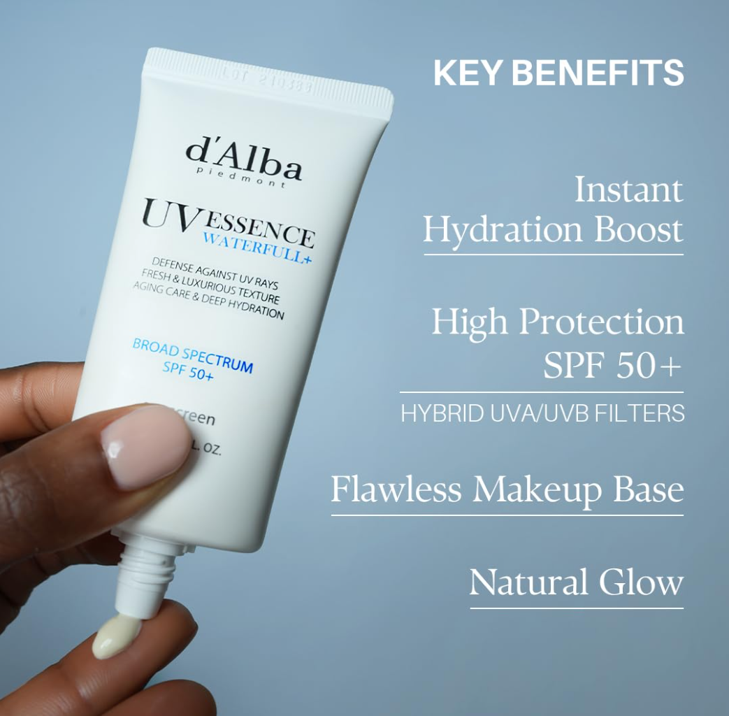 d'Alba UV Essence Waterfull+ sunscreen tube held by a hand with key benefits listed on a blue background, D'Alba UV ESSENCE Waterfull+ Broad Spectrum SPF 50+ 50ml