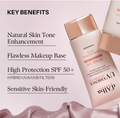UVA/UVB filter bottle with key benefits listed on a light pink background, D'Alba UV Essence Waterfull+ Tone-Up Pink Correcting SPF50 Sunscreen 50ml