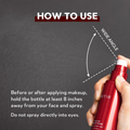 Red makeup setting spray bottle held by a hand with usage instructions on a gray background, TIRTIR Mask Fit Make-up Fixer