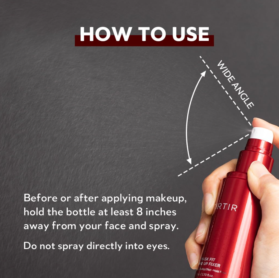 Red makeup setting spray bottle held by a hand with usage instructions on a gray background, TIRTIR Mask Fit Make-up Fixer