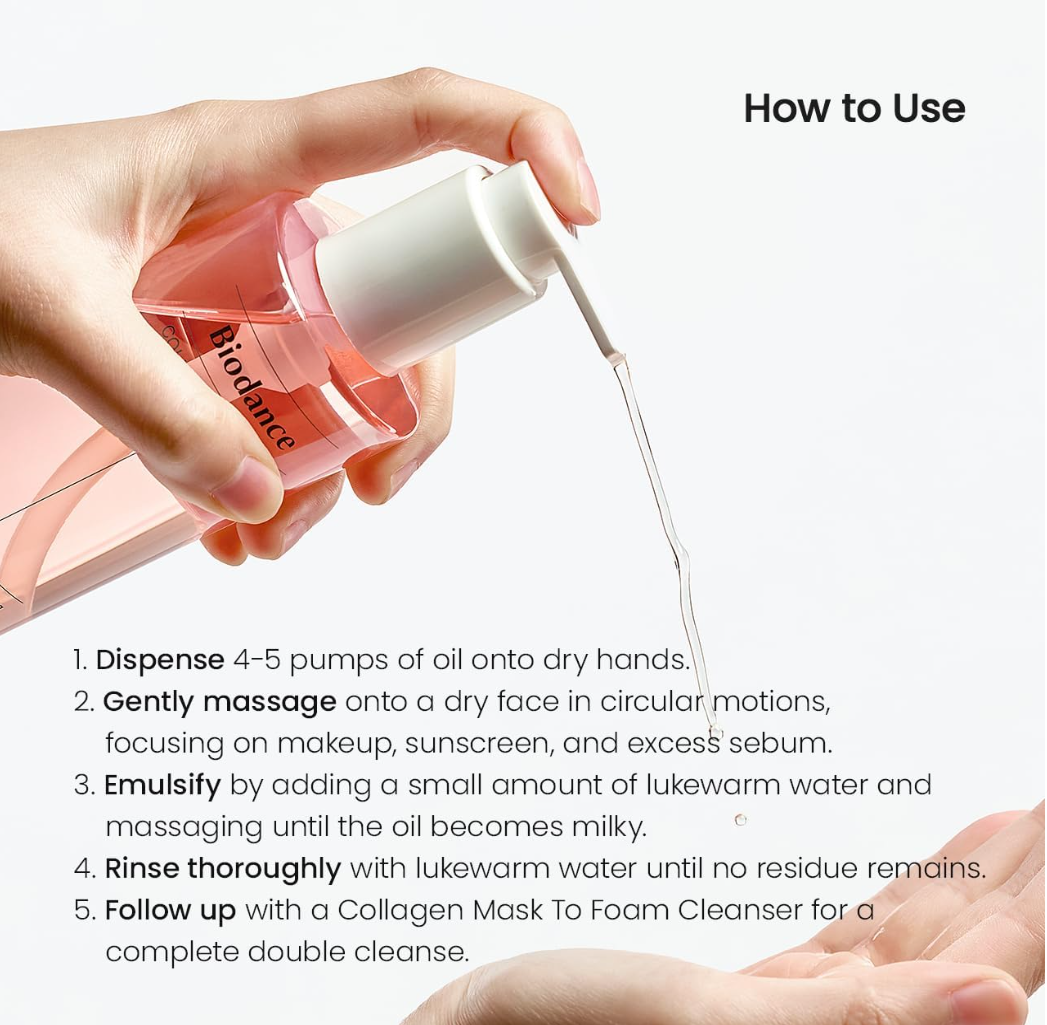 Hand using a skincare product with text on how to use it, Biodance Collagen Cleansing Oil 200ml