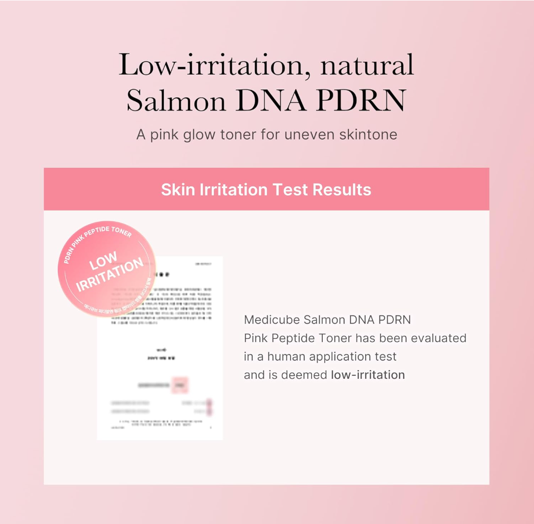 Product advertisement for a pink glow toner with salmon DNA PDRN on a pink background, Medicube PDRN Pink Cica Soothing Toner 250ml