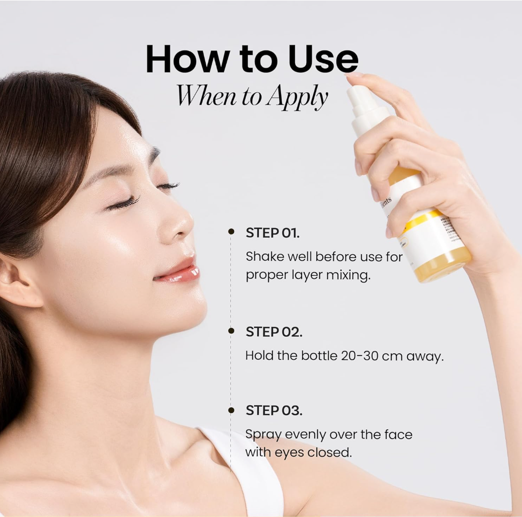 Woman applying a skincare product with text on how to use it, ONGREDIENTS Skin Barrier Glow Mist 100ml