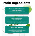 An infographic titled 'Main Ingredients' with three teal panels listing product benefits: Fermented Cica Complex for intense skin soothing, Multi HA Complex for skin moisture supply, and Eco-Cycle Tea Tree for skin concerns. The background is white with faint green leaf graphics. TOCOBO Cica Calming Serum 50ml