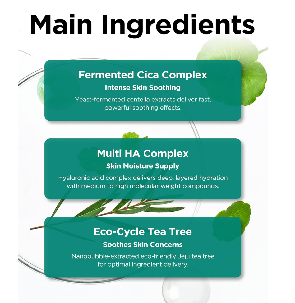 An infographic titled 'Main Ingredients' with three teal panels listing product benefits: Fermented Cica Complex for intense skin soothing, Multi HA Complex for skin moisture supply, and Eco-Cycle Tea Tree for skin concerns. The background is white with faint green leaf graphics. TOCOBO Cica Calming Serum 50ml