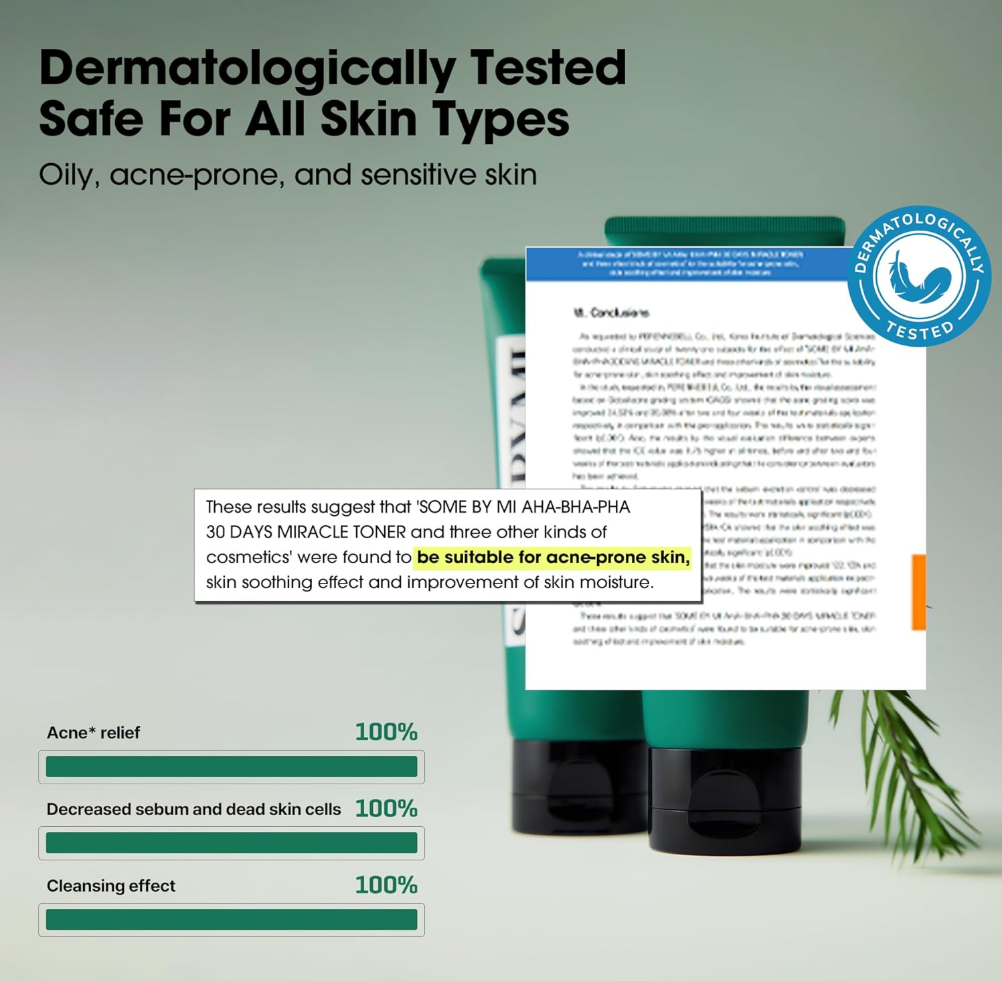 Green skincare product with dermatological safety information on a light green background, Somebymi AHA.BHA.PHA 30 Days Miracle Acne Clear Foam 100ml