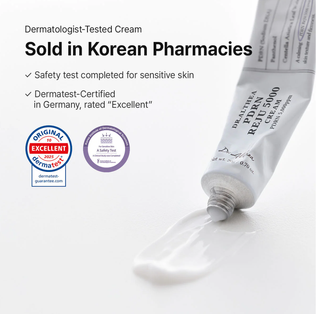 Tube of dermatologist-tested cream with certification logos on a white background, Dr.Althea PDRN Reju 5000 Cream 20g
