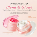 Two jars of medicube cream with text about a 'Pro Beauty Tip' on a light pink background, Medicube Triple Collagen Cream 50ml