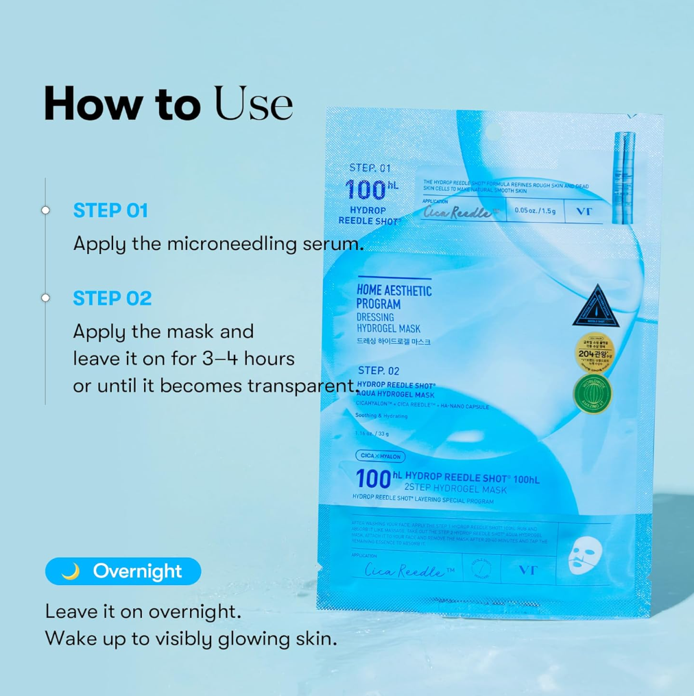 VT Hydro Reedle Shot 100HL 2-Step Hydrogel Mask 1 Sheet, Blue hydrogel mask packaging with text and branding on a white background