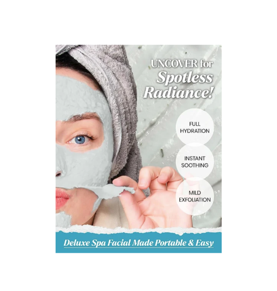 Facial mask product with text 'Uncover for Spotless Radiance' and claims of full hydration, instant soothing, and mild exfoliation, Lindsay Charcoal Modeling Mask Cup Pack 28g
