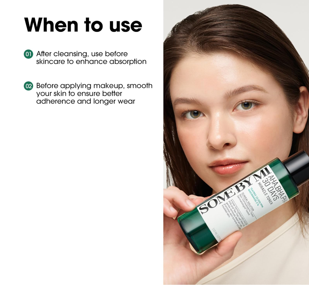 Woman holding a skincare product with usage instructions on a white background, Somebymi AHA.BHA.PHA 30 Days Miracle Toner 150ml