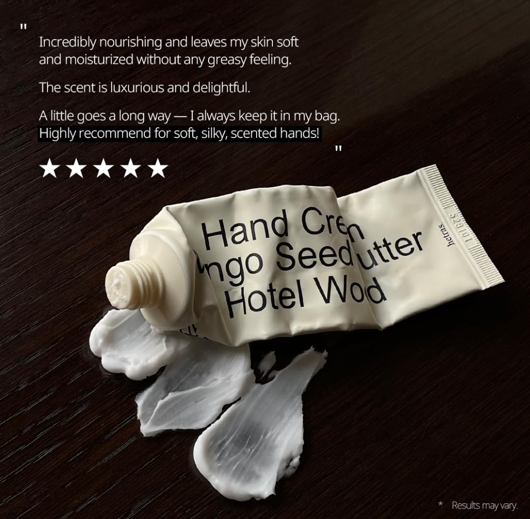 Hand cream tube with text on a dark background, Hetras Hand Cream Mango Seed Butter Hotel Wood 50ml