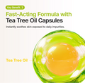 Tea tree oil capsule with green shell and yellow core on a white background, Purito Azelaic Acid 10 Kojic Tea Tree Serum 30ml