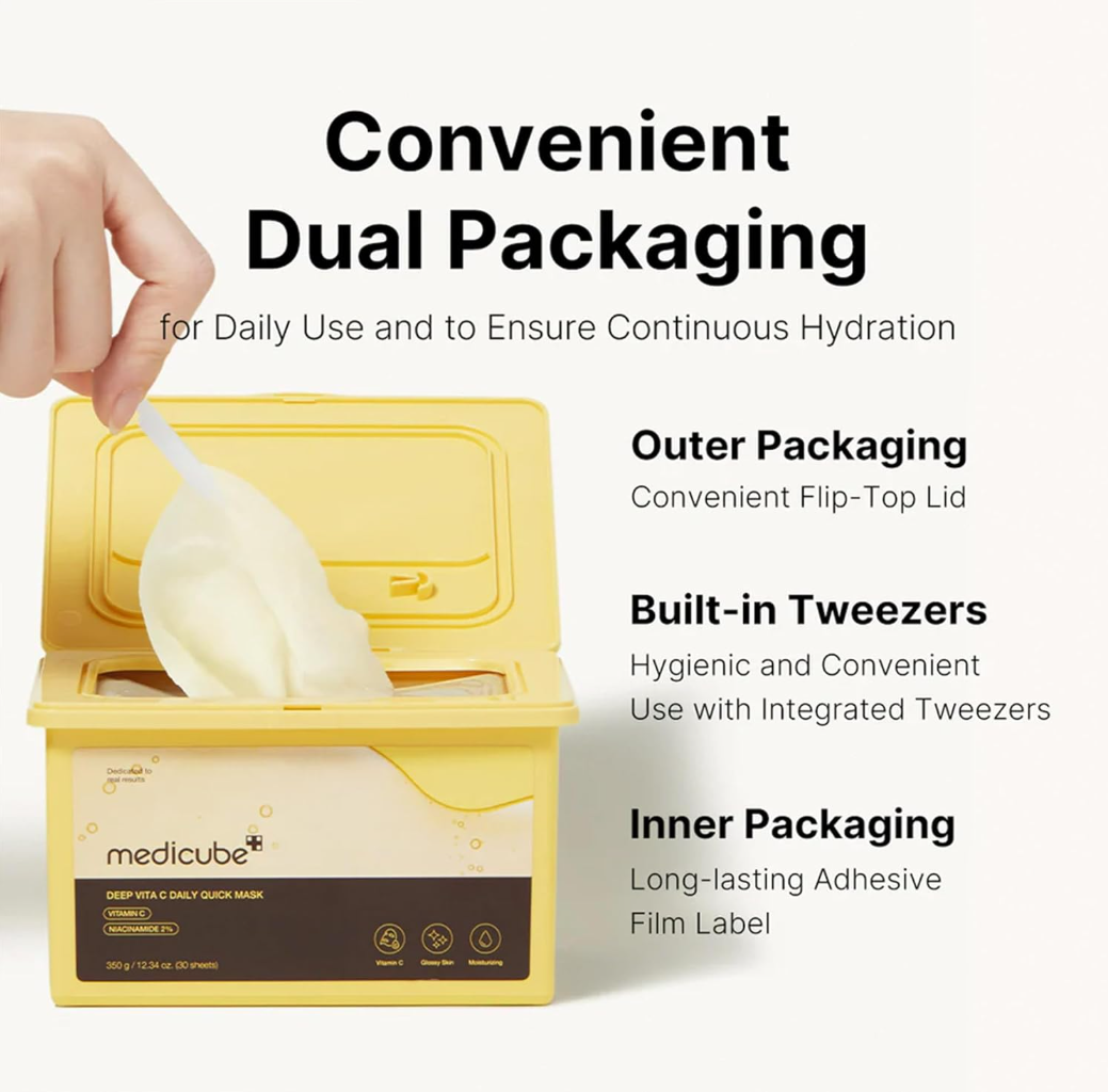 Yellow packaging with a flip-top lid and tweezers, featuring Medicube branding, Medicube Deep Vita C Daily Quick Mask 350g 30 sheets
