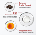 Diagram of Summer Truffle Extract, EGF, and Propolis Extract with their respective benefits on a white background, Centellian24 Madeca Derma Mask lll Intensive Formula 10ea